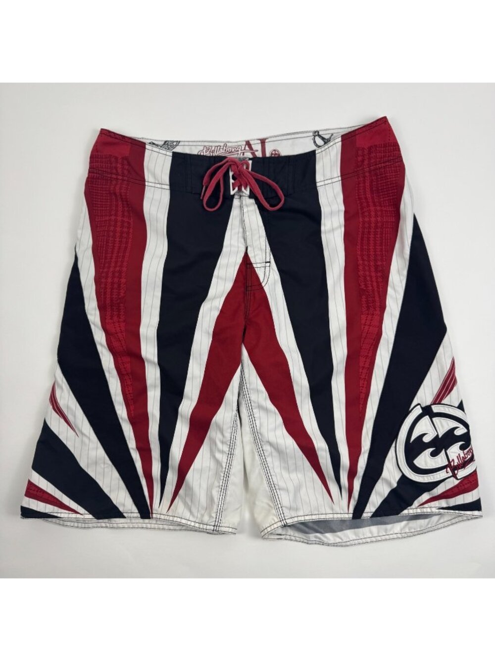 RARE Billabong Andy Irons Samurai Rising Sun Boardshorts SIZE 36 Y2K Surfer Red